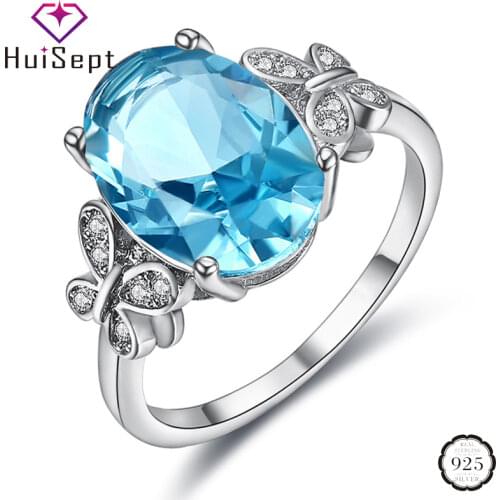 HuiSept Trendy 925 Silver Jewelry Ring Oval Sapphire Zircon Gemstone Butterfly Shape Ornaments Rings for Women Wedding Wholesale