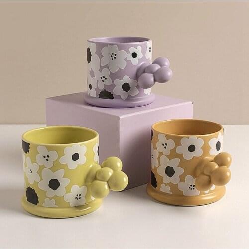 INS Simple Flower Mug Lovely Couple Drinking Cup Coffee Cup Ceramic RETRO MUG Special Gift Different Colors Cups