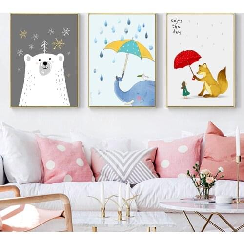 Cute Animals Polar Bear Elephant Prints Floral Boho Wall Art Picture Canvas Painting Posters Cartoon Kids Girls Bedroom Home Dec