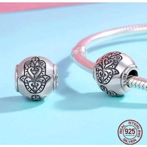 Genuine 100% 925 Sterling Silver Vintage The hand of Fatima Charm fit Original 3MM Bead Bracelet Pendant Jewelry DIY Making