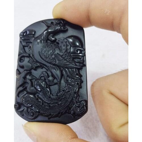 Natural Black Obsidian Phoenix Necklace Pendant King of the Bird Jade Pendant Lucky Amulet Jade Jewelry Fine Jewelry