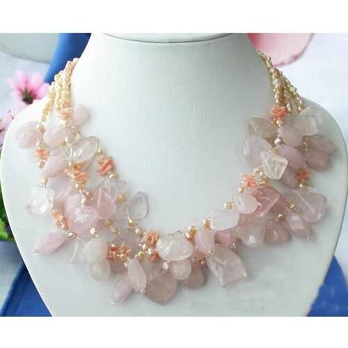 Freshwater Pearl Necklace,4Rows Massive Sheet Natural Crystal Pink Cultured Pearl Jewellery,Fashion Women Jewellery Gift