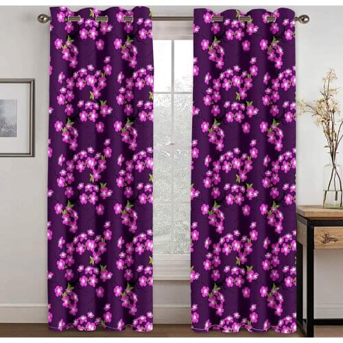 Purple Flower Pattern Printed Perforated Blackout Curtains for Living Room and Bedroom Curtains Blackout 90% Machine Washable