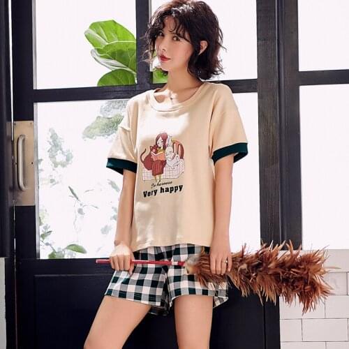 Summer Thin Cartoon Printed short Sleeve Sleepwear Women Pajamas Set Cute Casual Homewear Female Pyjamas