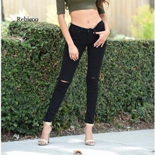 Casual Women Push Up Leggings Solid Color High Waist Skinny Hollow Jeans Leggings Girls Slim Ripped Denim Pencil Pants