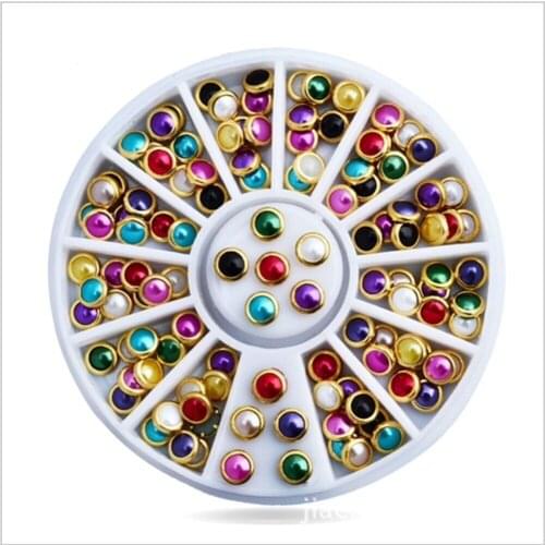 Mix Colorful Half Round Pearl Nail Art Decoration with Metal Studs Rhinestones 1*Wheel Glitter Nail Rhinestone Decoration Tools