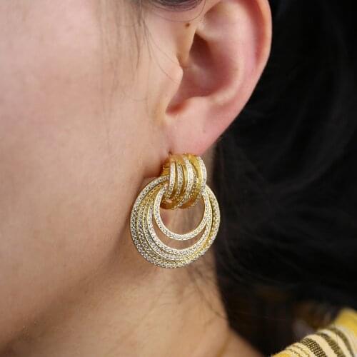 2 Colors Multi Layer Dainty Design Big Geometric Cz Lines Circle Statement Earrings For Women Wedding Gift