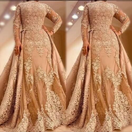 Champagne Evening Dresses Lace Appliques Long Sleeves Muslim Prom Dress With Detachable Train فساتين السهرة Party Vestidos