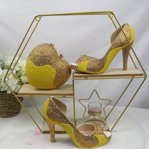 LoveinCrystal Yellow Peep Toe Women Sandals Wedding Shoes and bag Bride High Hells Ladies Party Dress Shoe Golden Pumps Summer