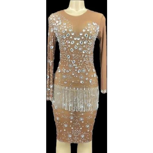 Sparkly Silver Rhinestone Fringe Transparent Bodysuit Women Dancer Show Celebrate Outfit Prom Bar Birthday Outfit
