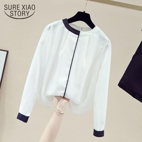 Long Sleeve Blouse Women Korean Style O-neck Tops Chiffon Shirt Slim Fit Womens Shirt Chic Office Lady All-match Blusas 11174