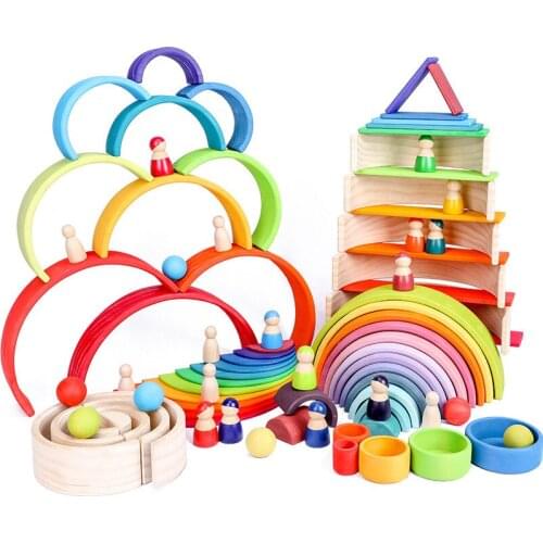 Large Rainbow Stacker Wooden Toys For Kids Creative Color Rainbow Building Blocks Baby Toys Montessori Educational Toy Children