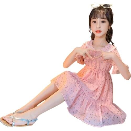 Kids Clothes SetsChildrens Summer New Girls Dress Fashion Middle School Girl Lace Collar Chiffon Girl 4- 6 8 9 10 12 Ages