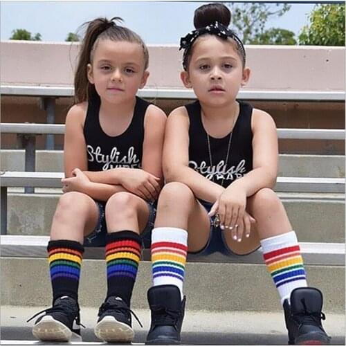 Children socks spring breathable baby girls rainbow stripe socks toddler kids cotton Sport Socks summer baby legwarmer 0 to 9y
