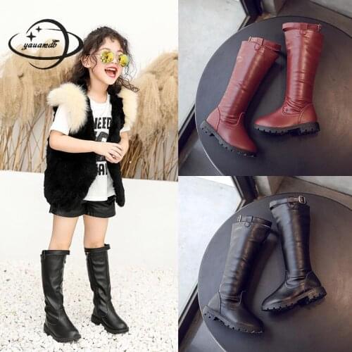 Kids boots Winter Knee-high Leather Round Toe Flat With Fashion boots solid color zipper add wool warm children shoes h39