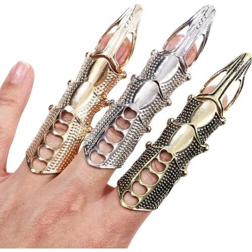 Cool Boys Punk Gothic Rock Scroll Joint Armor Knuckle Metal Full Finger Ring Gold Claw Rings Cospaly DIY Ring Halloween Jewelry
