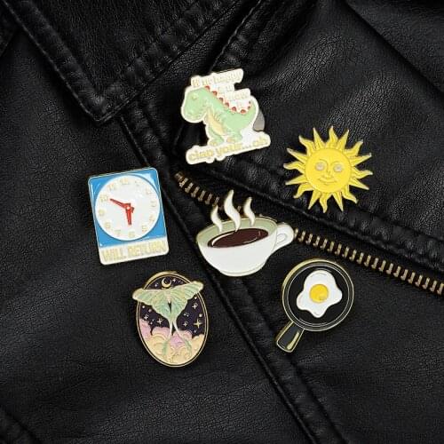 Fried Egg And Coffee Lapel Pins Womens Enamel Badges Brooches For Backpack Cute Cartoons Anime Sun Hijab Pins Metal Mini Badges