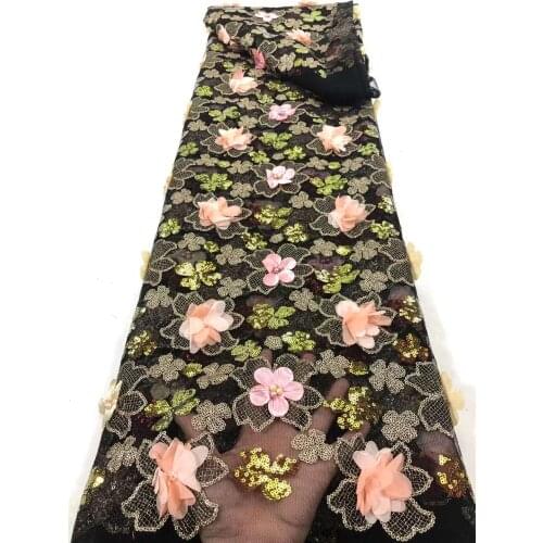 French Mesh Lace Fabric Nigerian Tulle Embroidery Beads Sequins Handmade Craft Banquet Party Prom Wedding Skirt Trimming 5 Yards