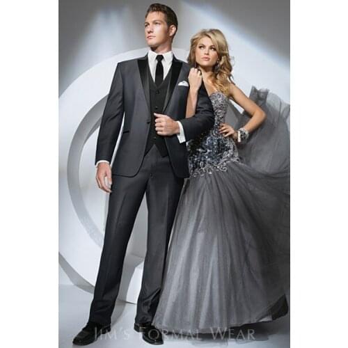 Custom Made Mens Suits Peak Lapel Groom Tuxedos Dark Grey Wedding Best Man Suit (Jacket+Pants+Tie+Vest+Hankerchief) A8