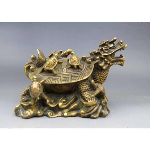 China Feng Shui Brass copper town house Dragon turtle Sculpture Statue