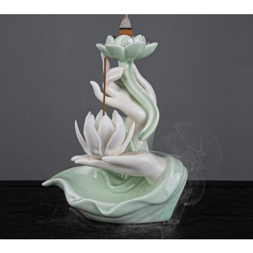 Newest Celadon Backflow Incense Fountain Antique Lotus Incense Burner for Incense Sticks Holder Gothic Decor Zen Bergamot Stove