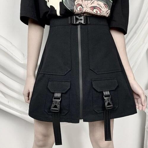 Summer A-line Mini Punk Bag Buckle Skirts Harajuku Grunge Cargo Black High Waist Skirt Streetwear Gothic Women Skirts