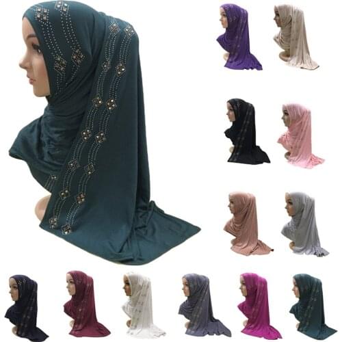 Muslim Women Hijab Scarf Rhinestone Long Shawl Wrap Islamic Headscarf Turban Headwear Stoles Scarves Arab Hijabs Solid Color New