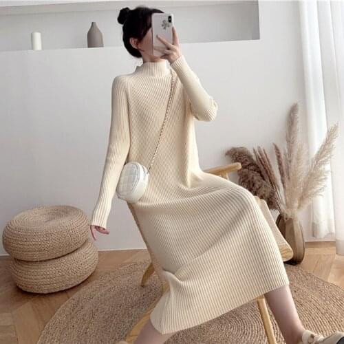 Apricot Solid Elegant Long Knitted Sweater Dress Women Pullover Turtleneck Warm Female Sweater New Autumn Winter Clothes Tops