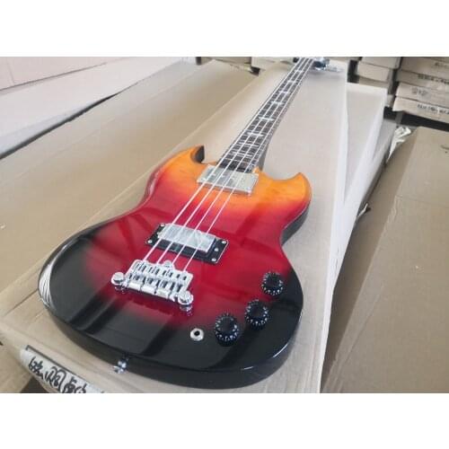 Custom 4 string bass guitar, quilted maple veneer mahogany body,HH pickups,black pickguard,chrome button,neck set in body