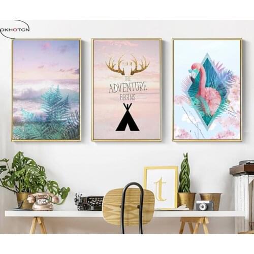 Northern European Flamingo Sea Floral Pink Decorative Painting Canvas Art Print For Home Decoration Modular Picture