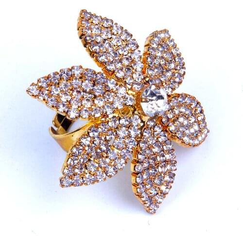 Stonefans Personality Rhinestone Gold Big Flower Ring Women Elegant Unique Design Plant Open Adjustable Ring Finger Jewelry