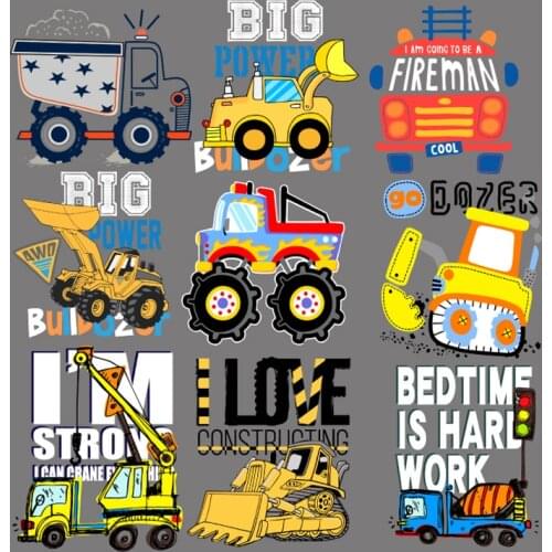 Cartoon Construction vehicle Iron On Patches For Clothing Patch Heat Thermal Transfer For kids Clothes Sticker DIY Accessory