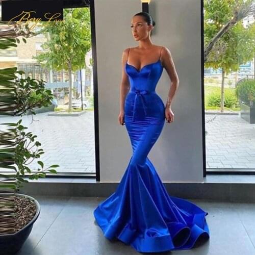 Royal Blue Mermaid Evening Dresses Spaghetti Strap Elegant Gold Formal Party Gown Prom Dresses Satin Floor Length Long vestidos