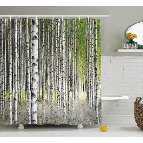 Birch Tree Shower Curtain Peaceful Late Summer Woodland Trunks Leaves Foliage Serene Tranquil Home Decoration Bathroom Curtains