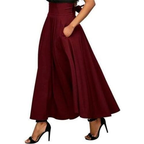 Women Pleated Solid Color Stretch Casual Mature Flared Long Skirts 2021 Summer Vintage Skirt High Waist Female Loose Streetwear