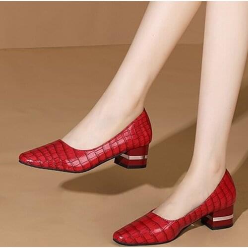 2021 Spring New Women Med Heels Boat Shoes Square Toe Office Ladies Shoes Pumps Chunky Heeled Retro Zapatos Mujer