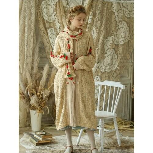 Winter Women Autumn Vintage Casual Ultra Loose Long Woolen Sweaters Handmade Crocheted Red Ball Oversized Knitted Coat Cardigans