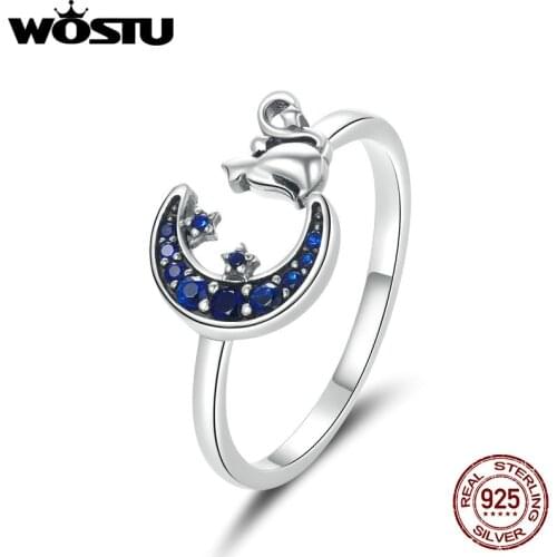WOSTU New Moon & Cat Finger Rings for Women Adjustable 925 Sterling Silver Ring Spring New Collection Fashion Bijoux DXR677
