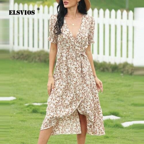 Deep V Neck Bandage Irregular Sexy Dress Puff Sleeve High Waist Midi Slit Dress Summer Retro Print Casual Women Chiffon Clothing