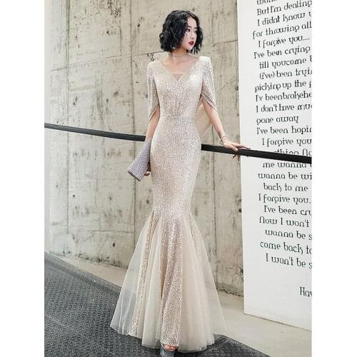 Elegant V-Neck Champagne Silver Sequins Mermaid Evening Dress Cheongsam Back Zipper Prom Fomail Gown Vestidos De Noche