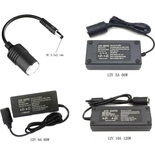 1PCS AC 110V 220V Adapter to DC12V 5A 8A 10A 60W 80W 120W Power Adapter Car Cigarette Lighter Converter 5.5x2.1mm to Car Socket