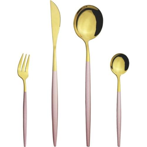 4Pcs Pink Gold Dinnerware Cutlery Set Set Stainless Steel Dinner Tableware Knife Cake Fruit Fork Tea Spoon Flatware Silverware