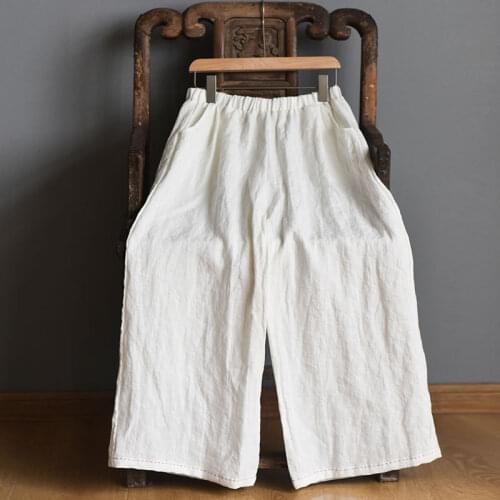 Ramie Women Pants Spring Summer 2021 Loose Retro Elastic Waist Wide-legged Solid Color Casual Trousers Female