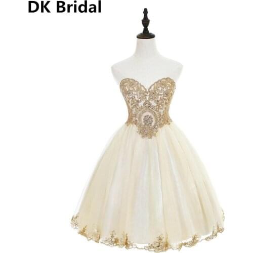 Elegant 2019 Champagne Tulle Beading Appliques Short Prom Dresses Sweetheart Neck Sleeveless Gown Vestidos De Gala In Stock