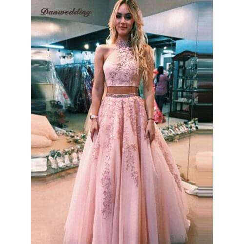Elegant Two Pieces Set Evening Dresses Halter Neck Floor Length Lace Applique Prom Dress Sexy Backless Girl Party Dresses