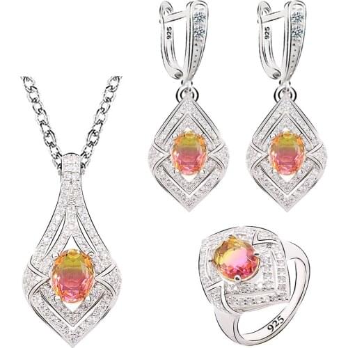 Gradient Red Semi-precious Silver Color Jewelry Sets for Women Gift Earrings Necklace Pendant Ring