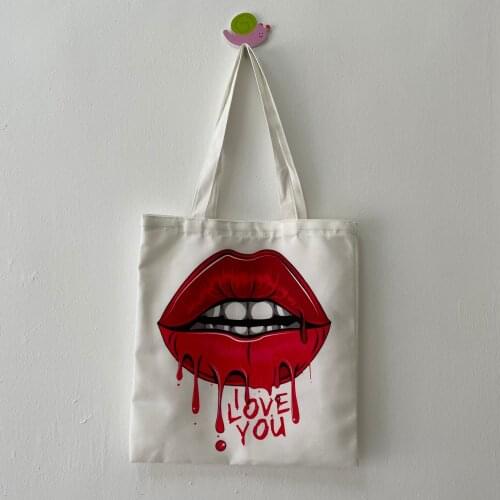 New Women Canvas Shopping Bag Red lip Love Print Female Cotton Cloth Shoulder Bag Eco Handbag Tote Reusable Grocery Shopper Bags