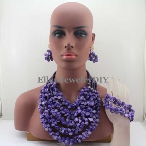 New Fashion African Beads Jewelry Set Chunky Beaded Necklace Set Purple Coral nigerian wedding beads Jewelry sets W13035