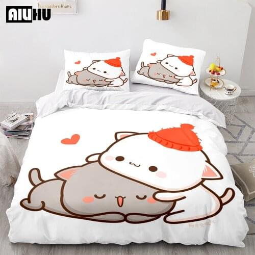 Peach Cat Quilt Cover Set 3Pc Bedding Set Goma Cute Cats Duvet Cover Set Bedclothes Single Double Queen King size Qulit Cover