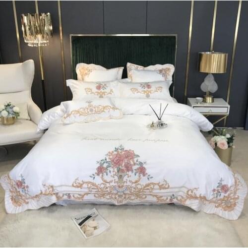 White Royal Flower Embroidery 60S Washed Cotton Satin Bedding Set Duvet Cover Bedclothes Fitted Sheet Bedspread Pillowcases